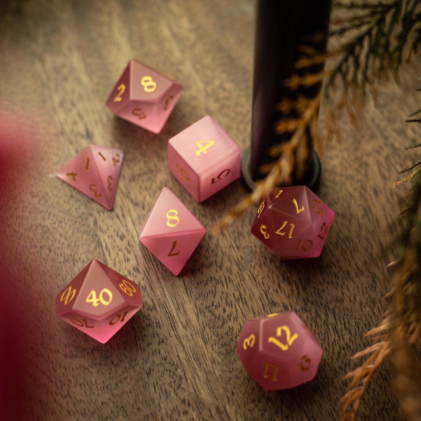 Gemstone Pink Watermelon Cats Eye Stone Hand Carved DND Dice Set Runic Dice