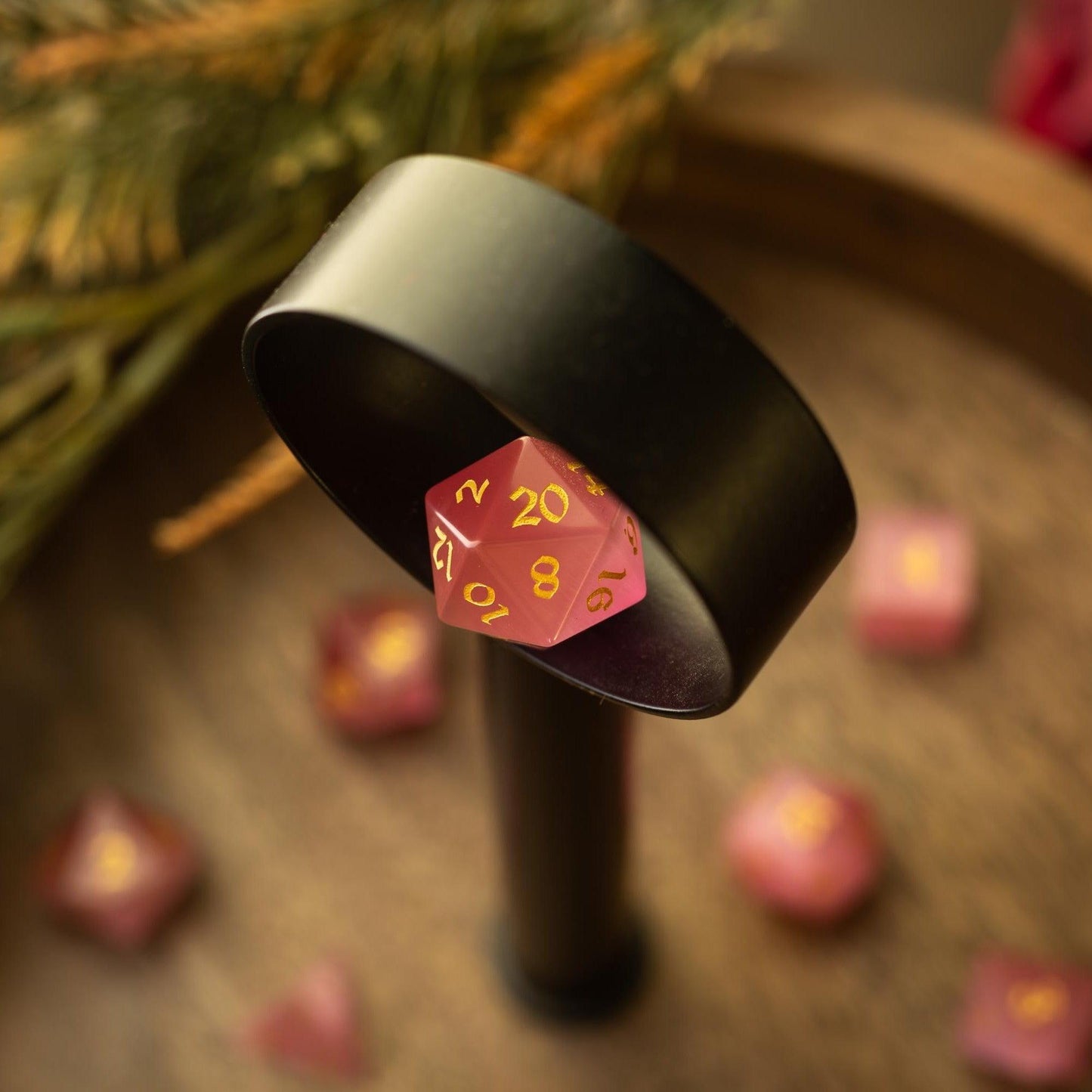 Gemstone Pink Watermelon Cats Eye Stone Hand Carved DND Dice Set Runic Dice