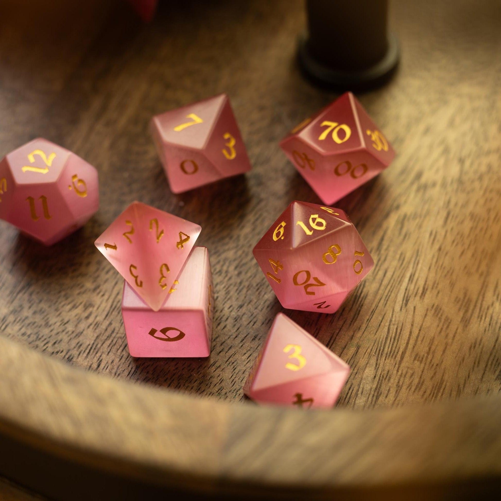 Gemstone Pink Watermelon Cats Eye Stone Hand Carved DND Dice Set Runic Dice