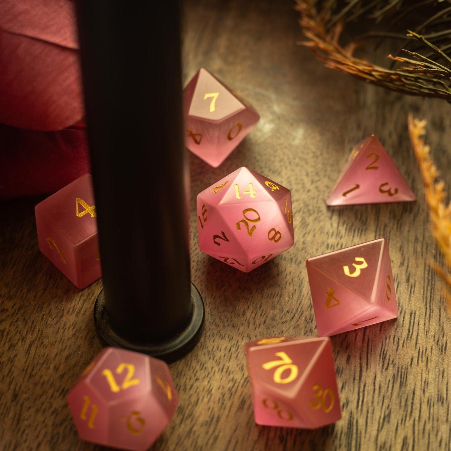 Gemstone Pink Watermelon Cats Eye Stone Hand Carved DND Dice Set Runic Dice