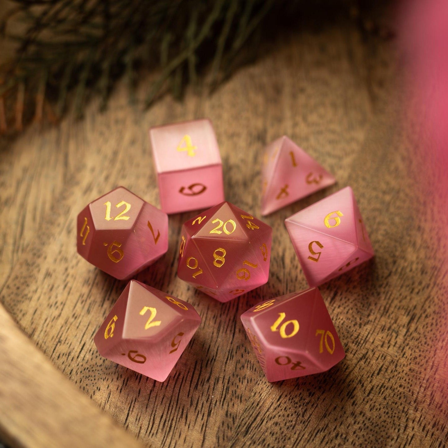 Gemstone Pink Watermelon Cats Eye Stone Hand Carved DND Dice Set Runic Dice