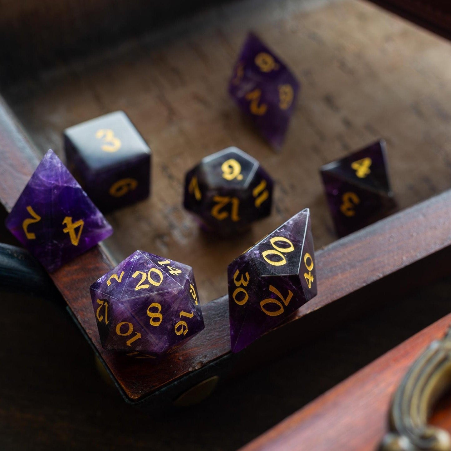 Gemstone Purple Amethyst Elven Cut DND Dice Set Runic Dice