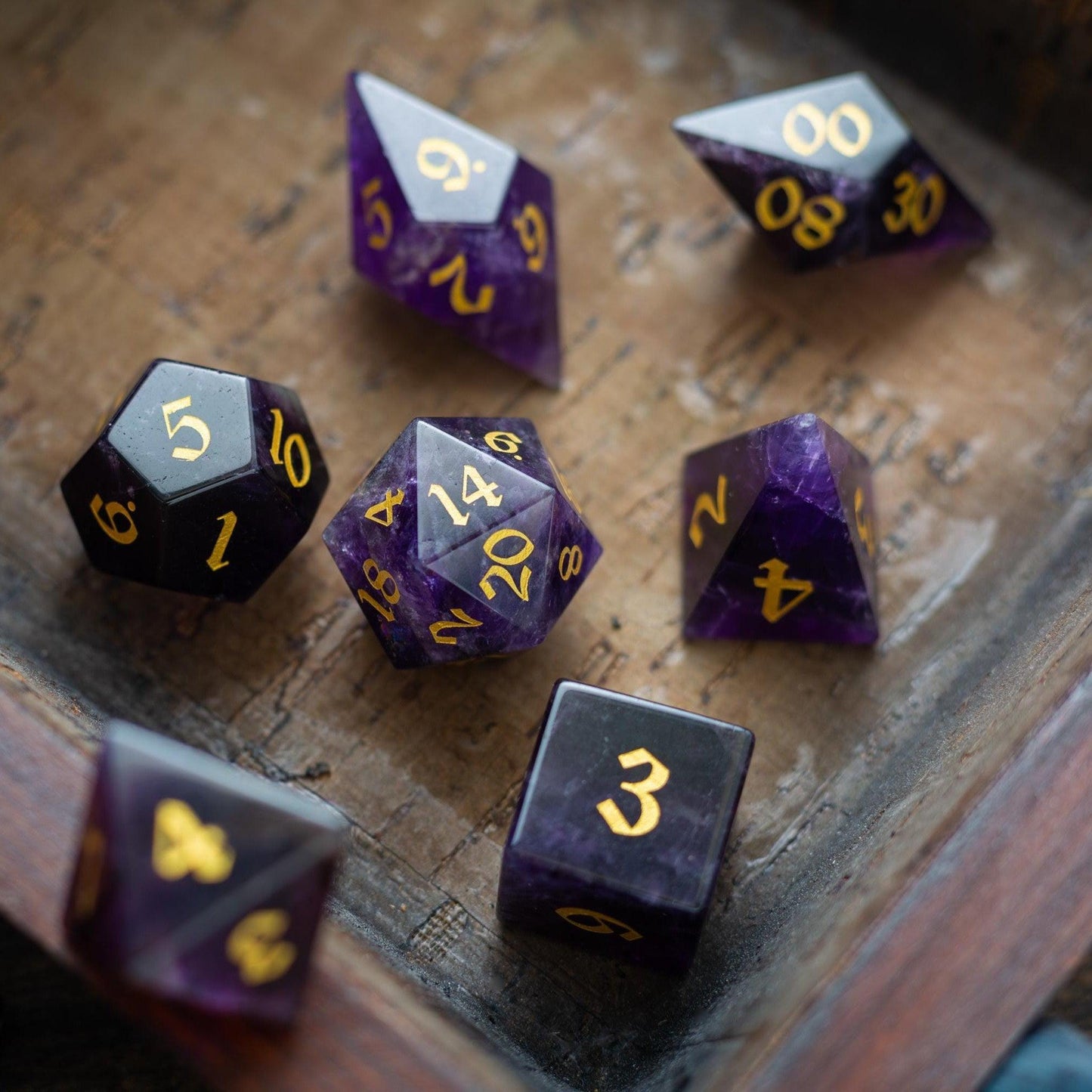 Gemstone Purple Amethyst Elven Cut DND Dice Set Runic Dice