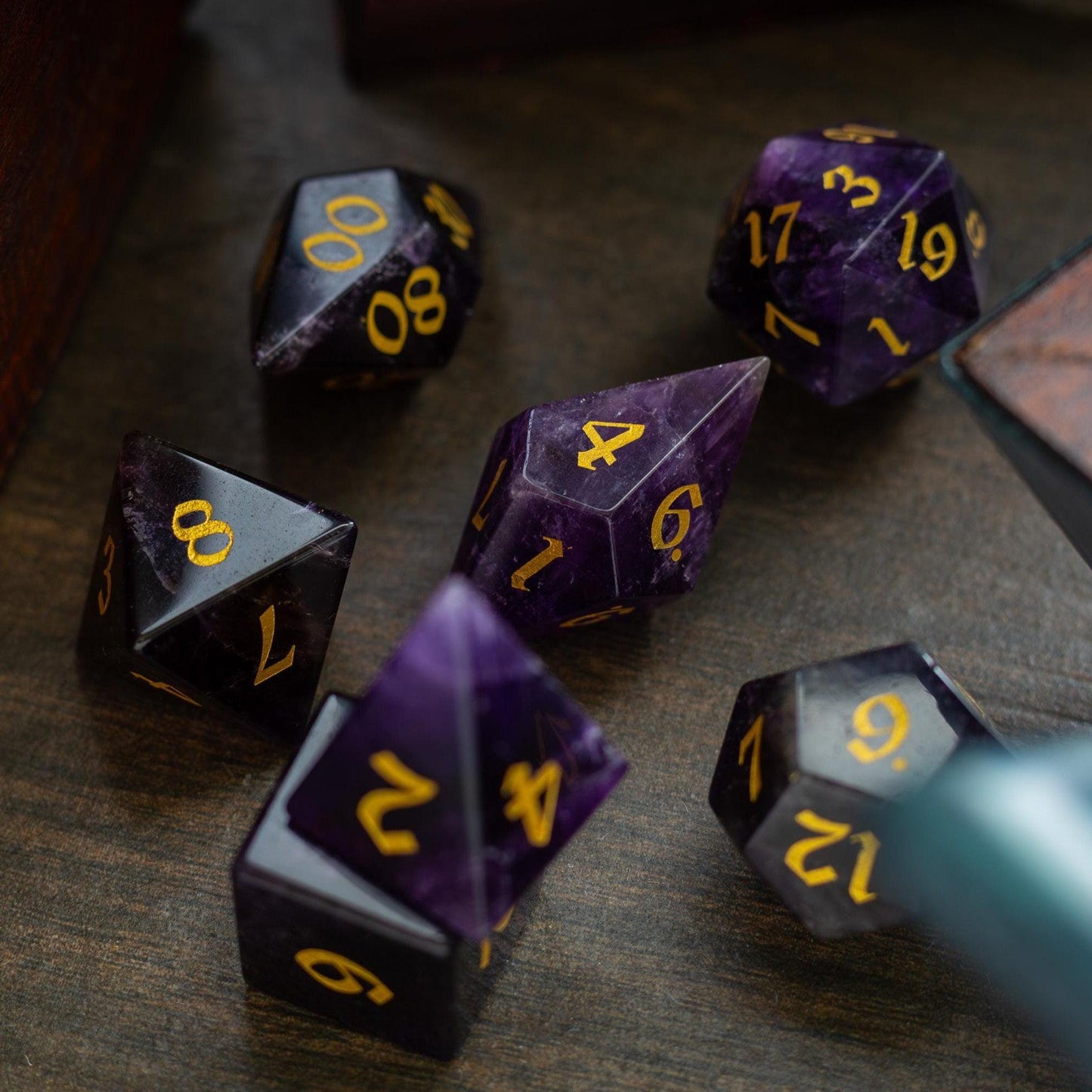 Gemstone Purple Amethyst Elven Cut DND Dice Set Runic Dice