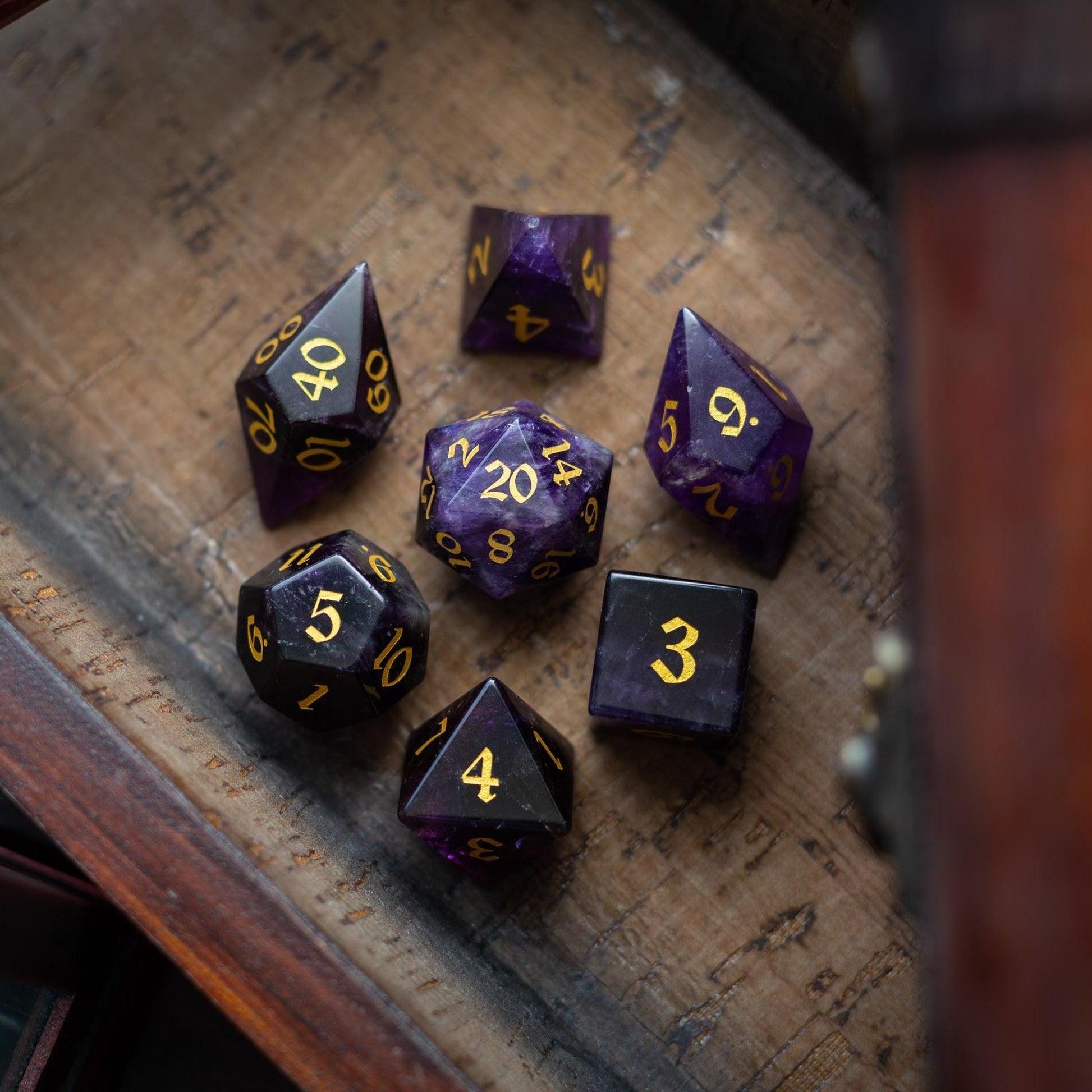 Gemstone Purple Amethyst Elven Cut DND Dice Set Runic Dice