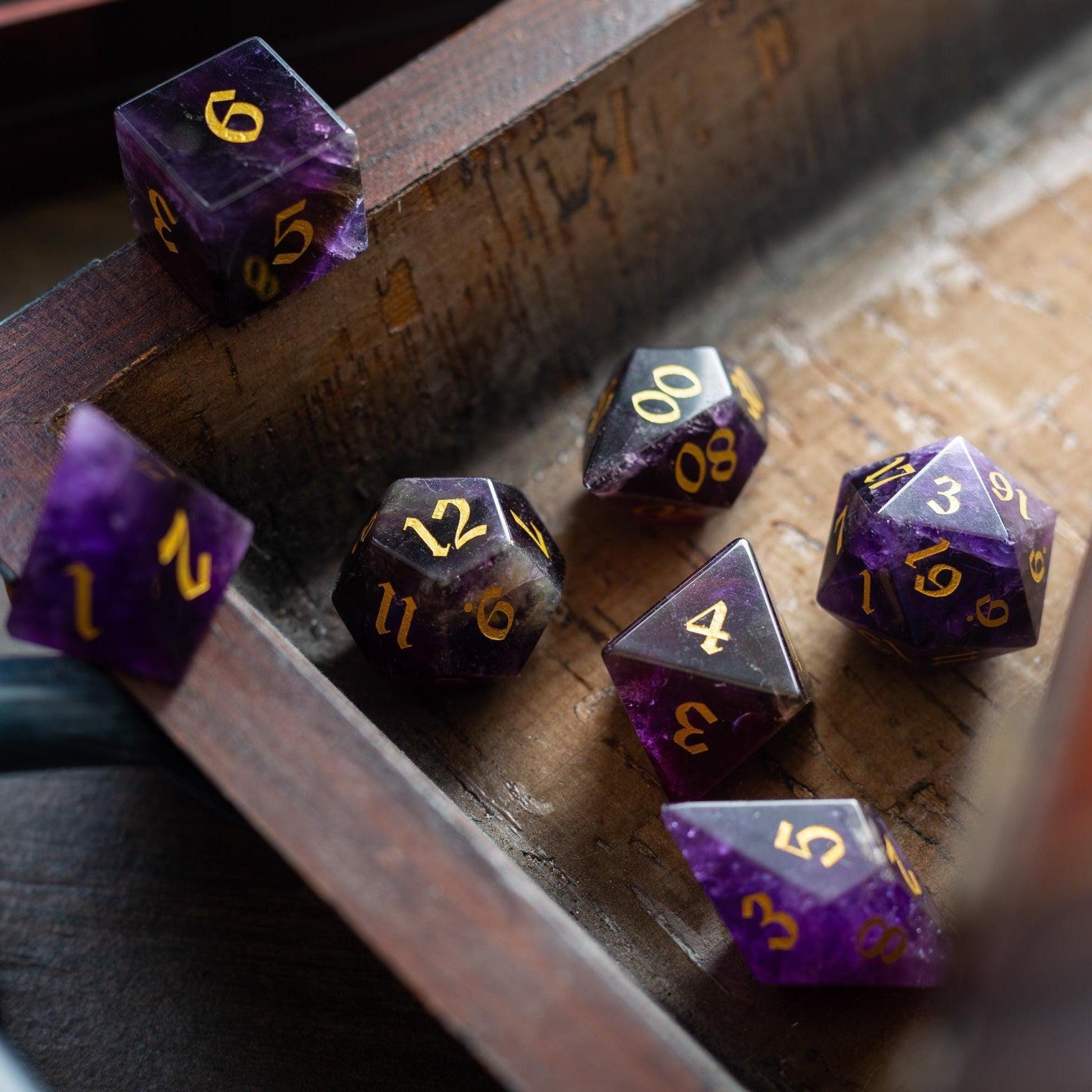 Gemstone Purple Amethyst Elven Cut DND Dice Set Runic Dice