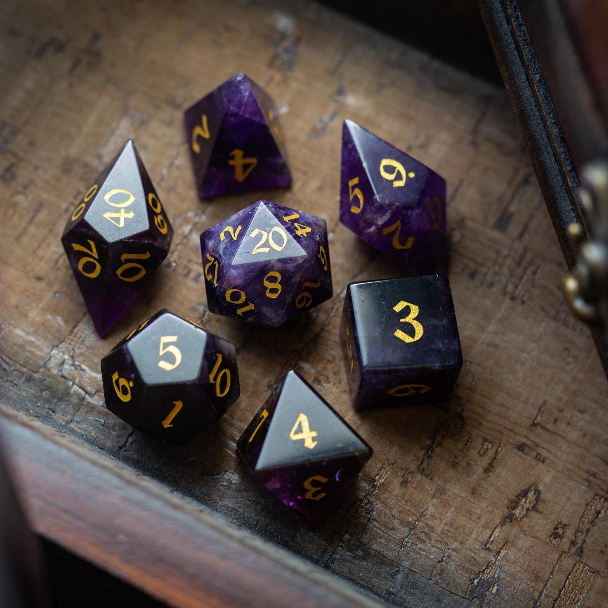 Gemstone Purple Amethyst Elven Cut DND Dice Set Runic Dice