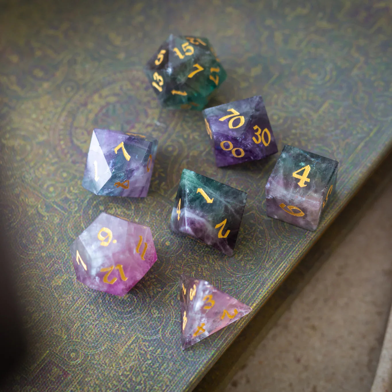Gemstone Rainbow Fluorite Hand Carved DND Dice Set Runic Dice