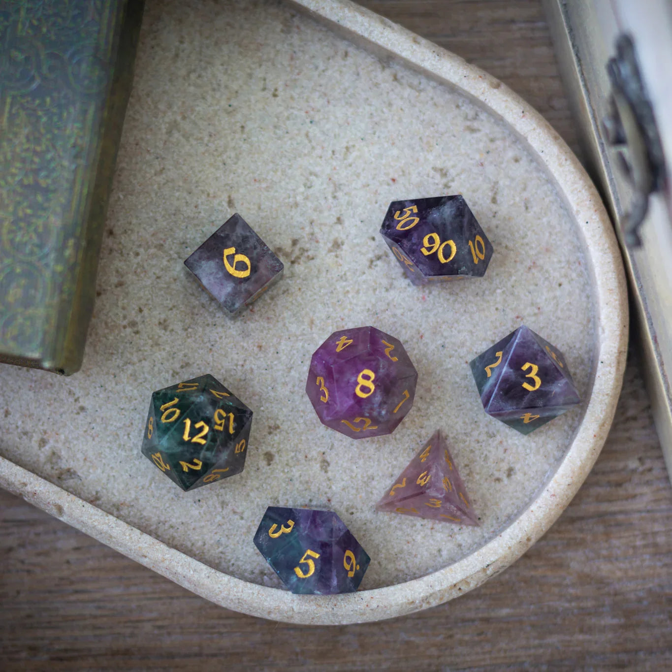Gemstone Rainbow Fluorite Hand Carved DND Dice Set Runic Dice