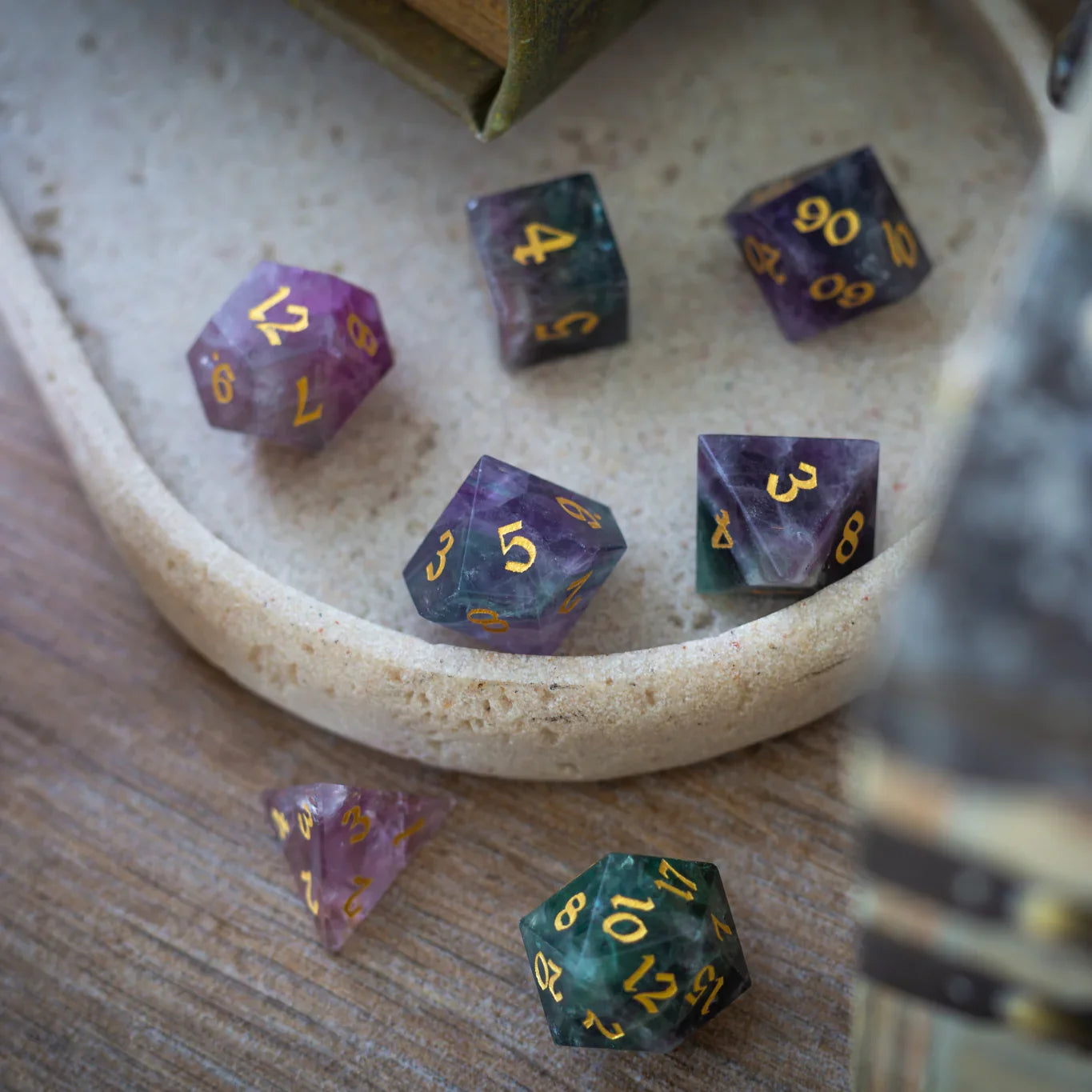 Gemstone Rainbow Fluorite Hand Carved DND Dice Set Runic Dice