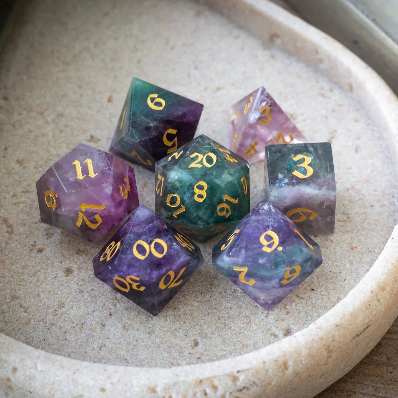 Gemstone Rainbow Fluorite Hand Carved DND Dice Set Runic Dice