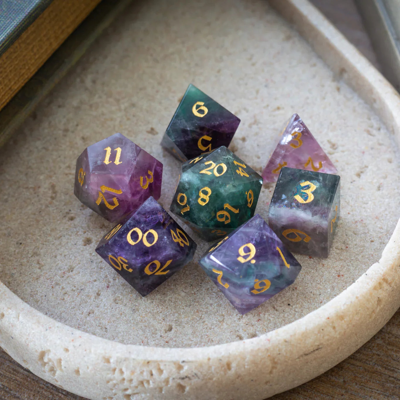 Gemstone Rainbow Fluorite Hand Carved DND Dice Set Runic Dice