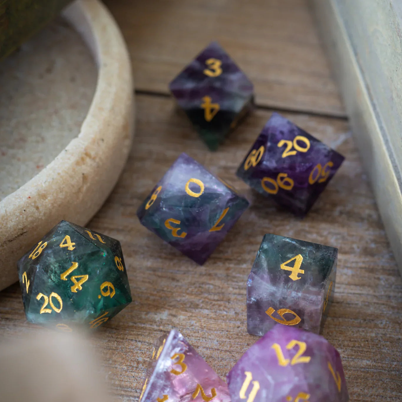 Gemstone Rainbow Fluorite Hand Carved DND Dice Set Runic Dice