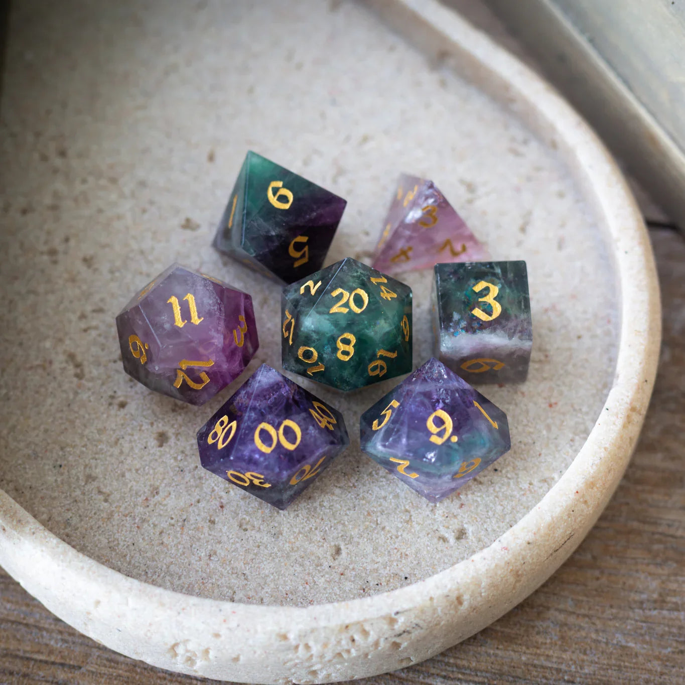 Gemstone Rainbow Fluorite Hand Carved DND Dice Set Runic Dice
