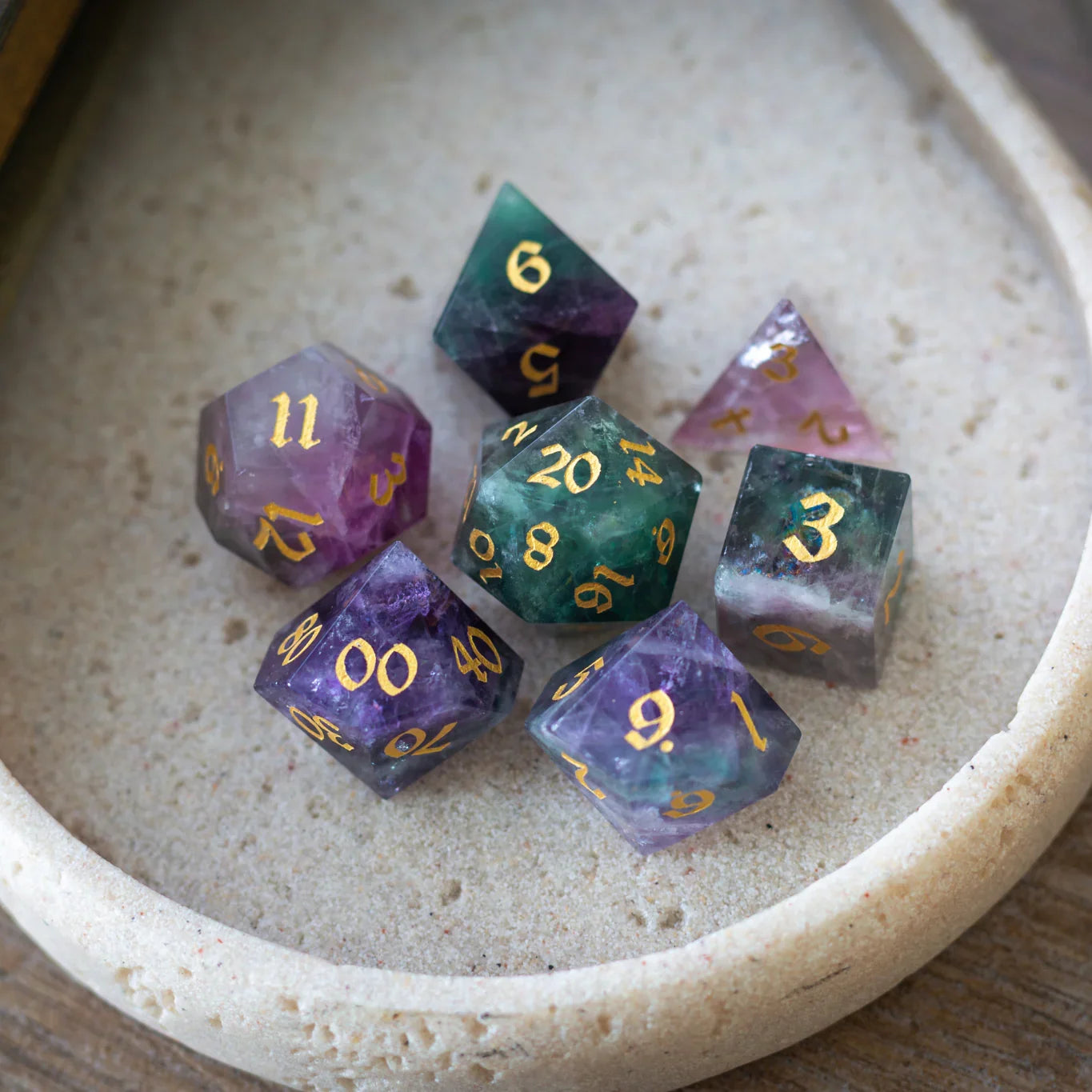 Gemstone Rainbow Fluorite Hand Carved DND Dice Set Runic Dice
