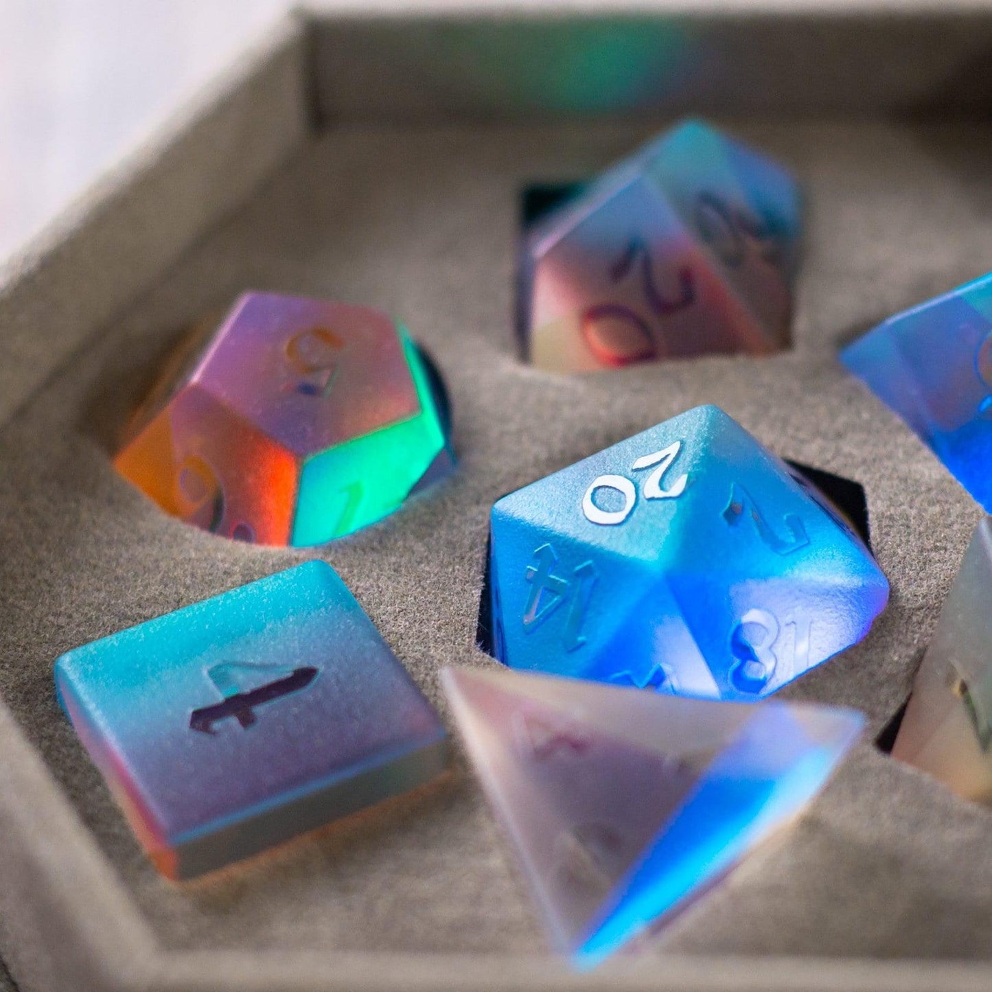 Gemstone Raised Dichroic Glass DND Dice Set Runic Dice