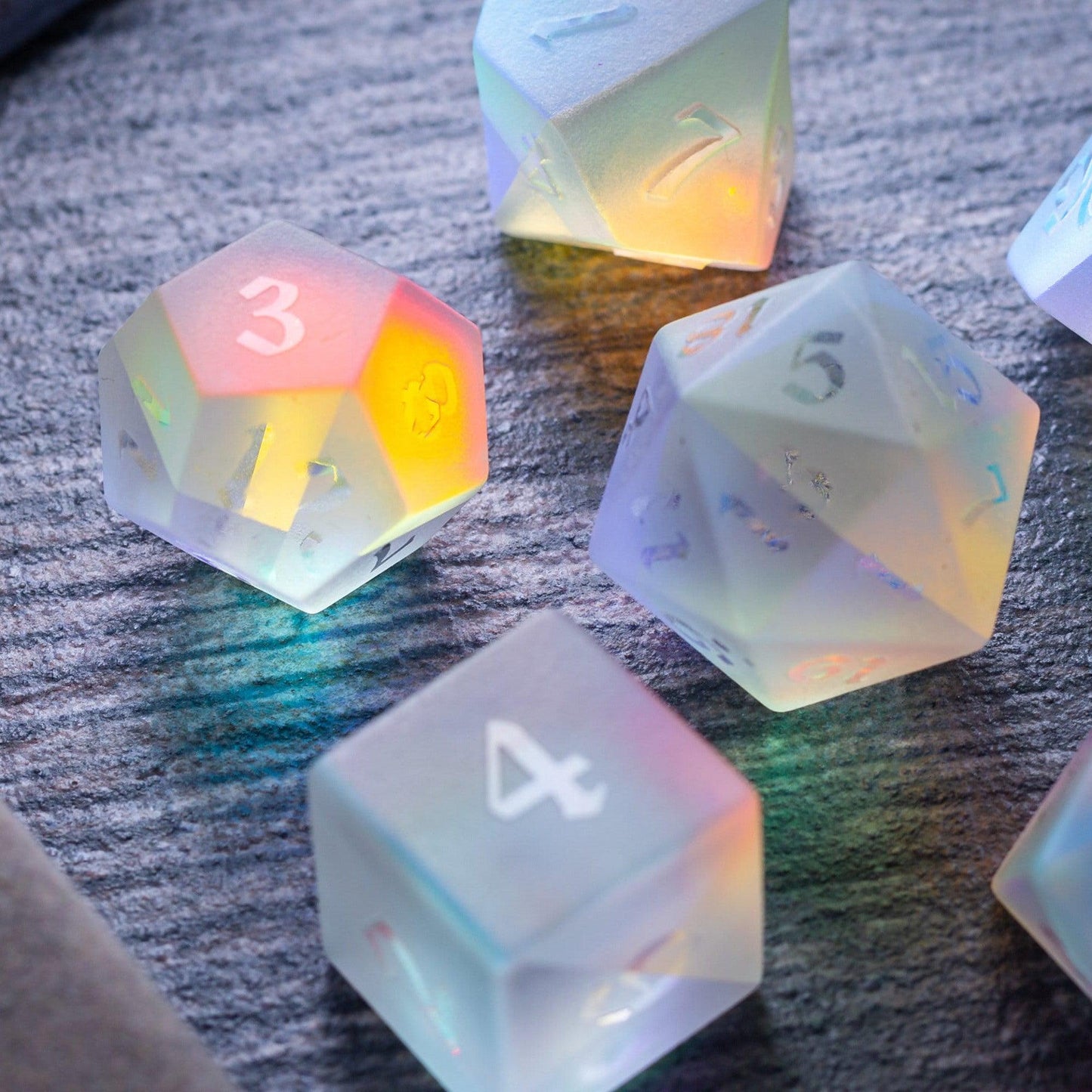 Gemstone Raised Dichroic Glass DND Dice Set Runic Dice