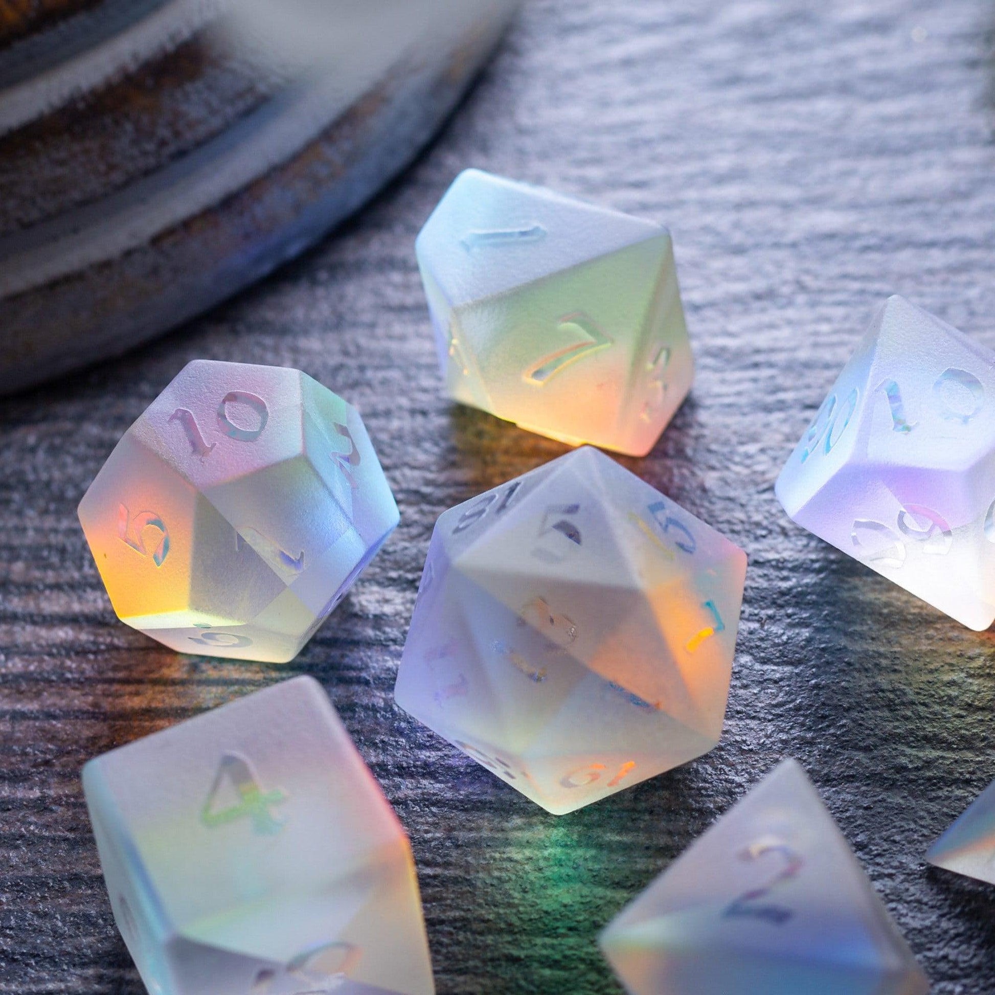 Gemstone Raised Dichroic Glass DND Dice Set Runic Dice