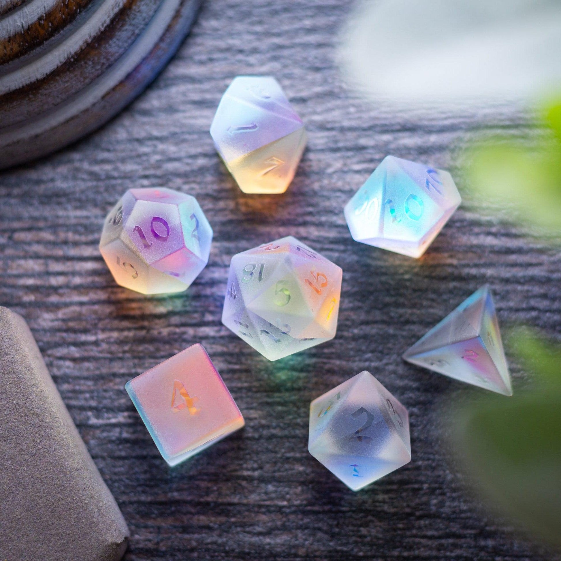 Gemstone Raised Dichroic Glass DND Dice Set Runic Dice