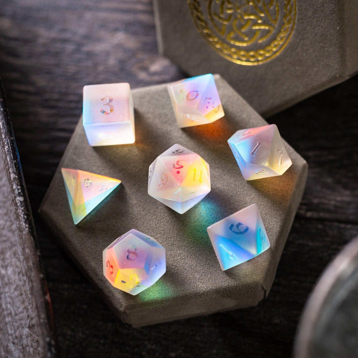 Gemstone Raised Dichroic Glass DND Dice Set Runic Dice