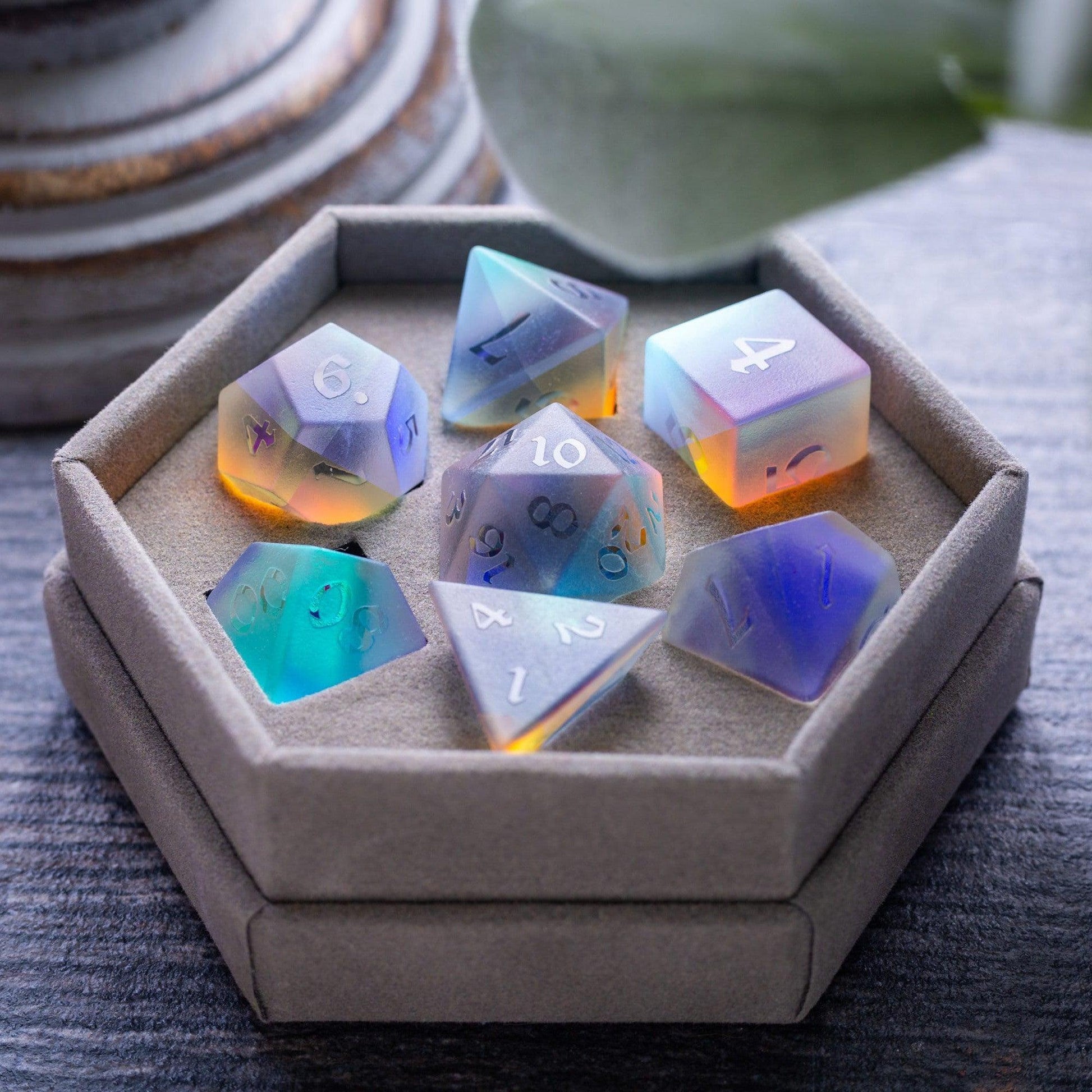 Gemstone Raised Dichroic Glass DND Dice Set Runic Dice