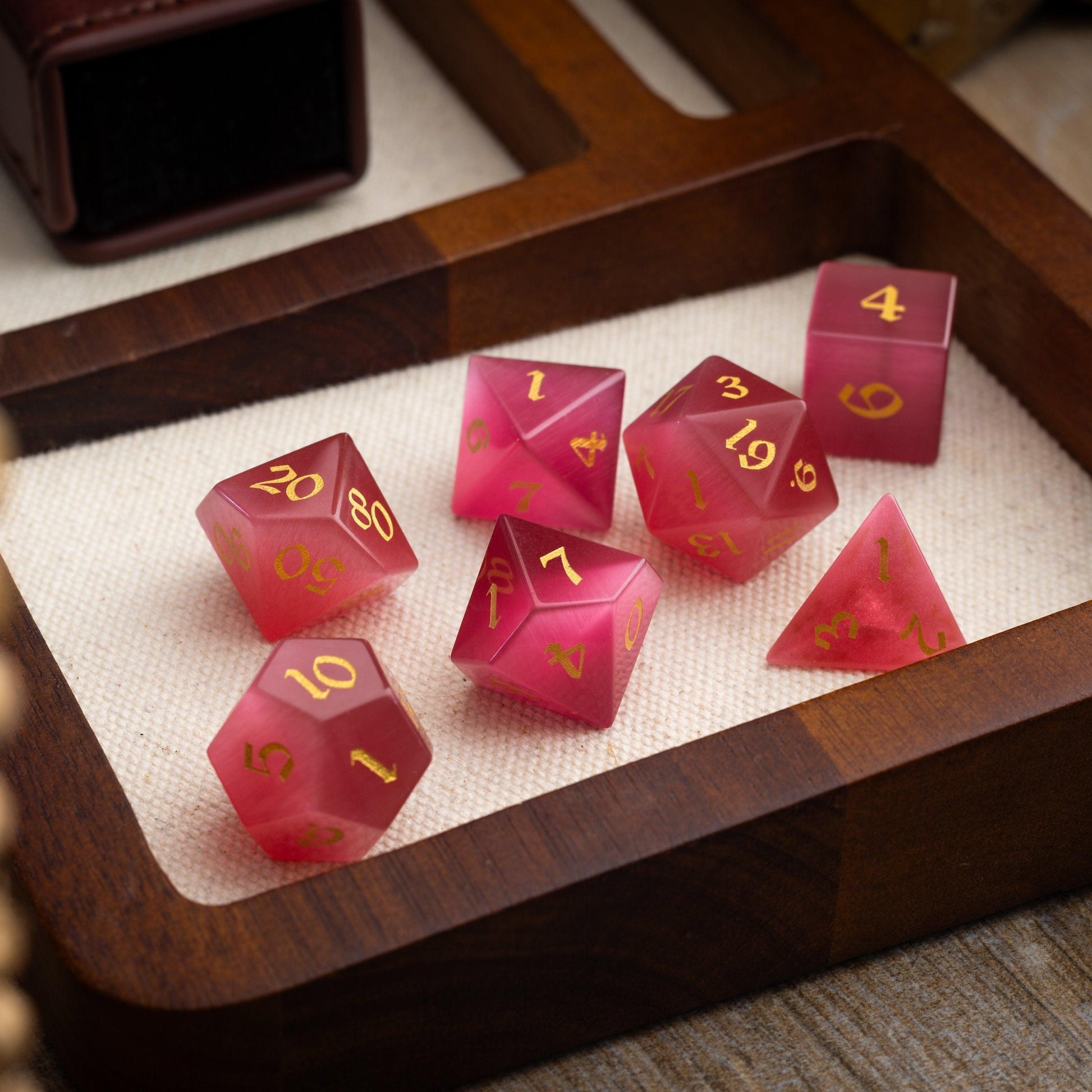Gemstone Rose Red Cats Eye Stone Hand Carved DND Dice Set Runic Dice