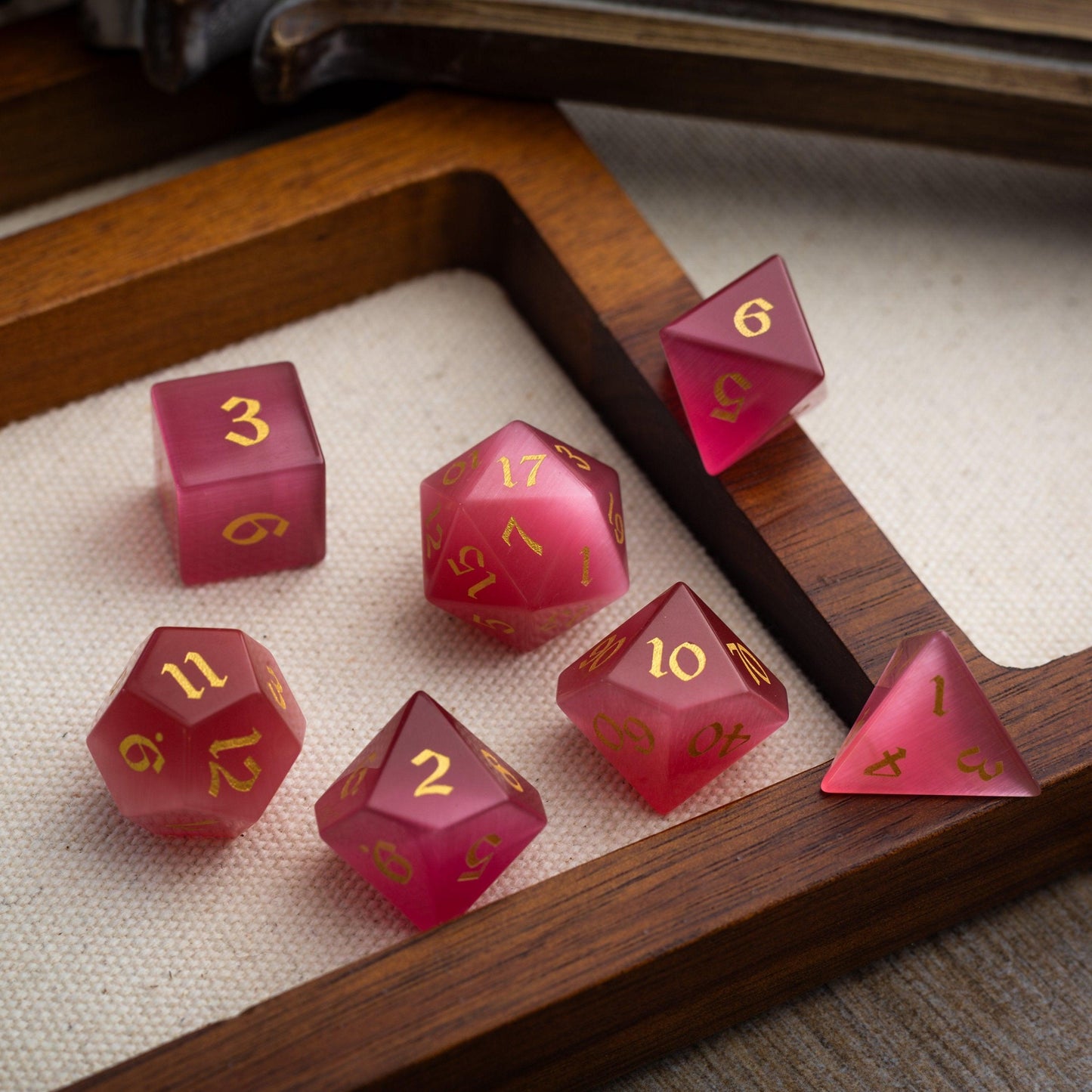 Gemstone Rose Red Cats Eye Stone Hand Carved DND Dice Set Runic Dice
