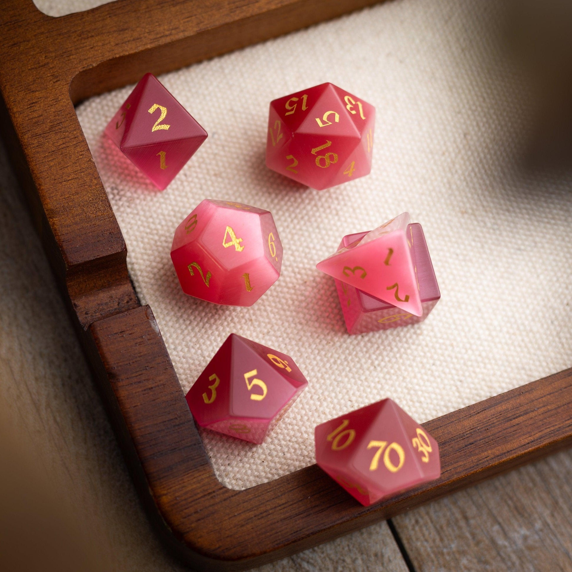 Gemstone Rose Red Cats Eye Stone Hand Carved DND Dice Set Runic Dice