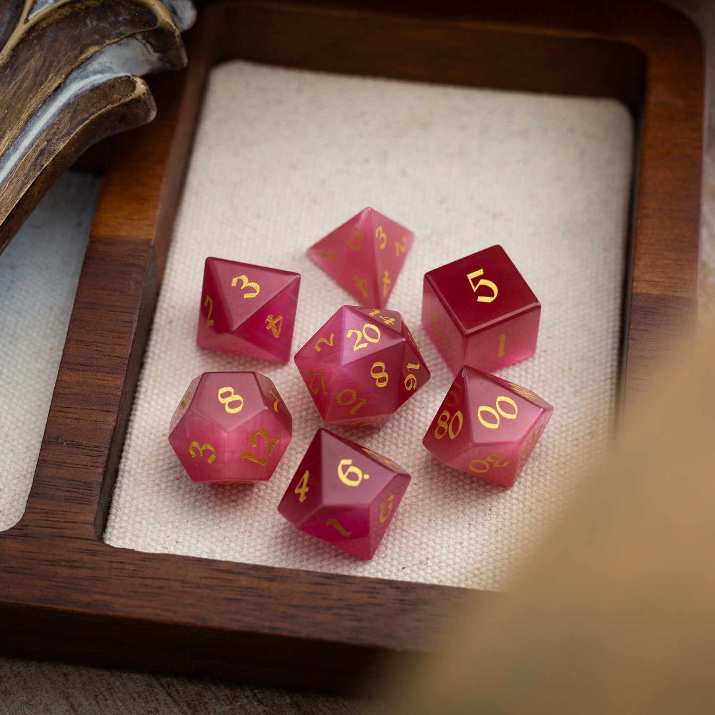 Gemstone Rose Red Cats Eye Stone Hand Carved DND Dice Set Runic Dice