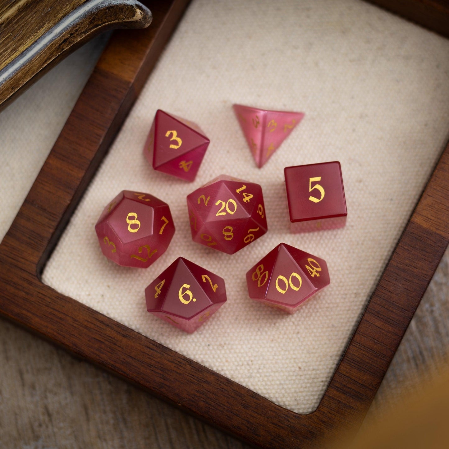 Gemstone Rose Red Cats Eye Stone Hand Carved DND Dice Set Runic Dice