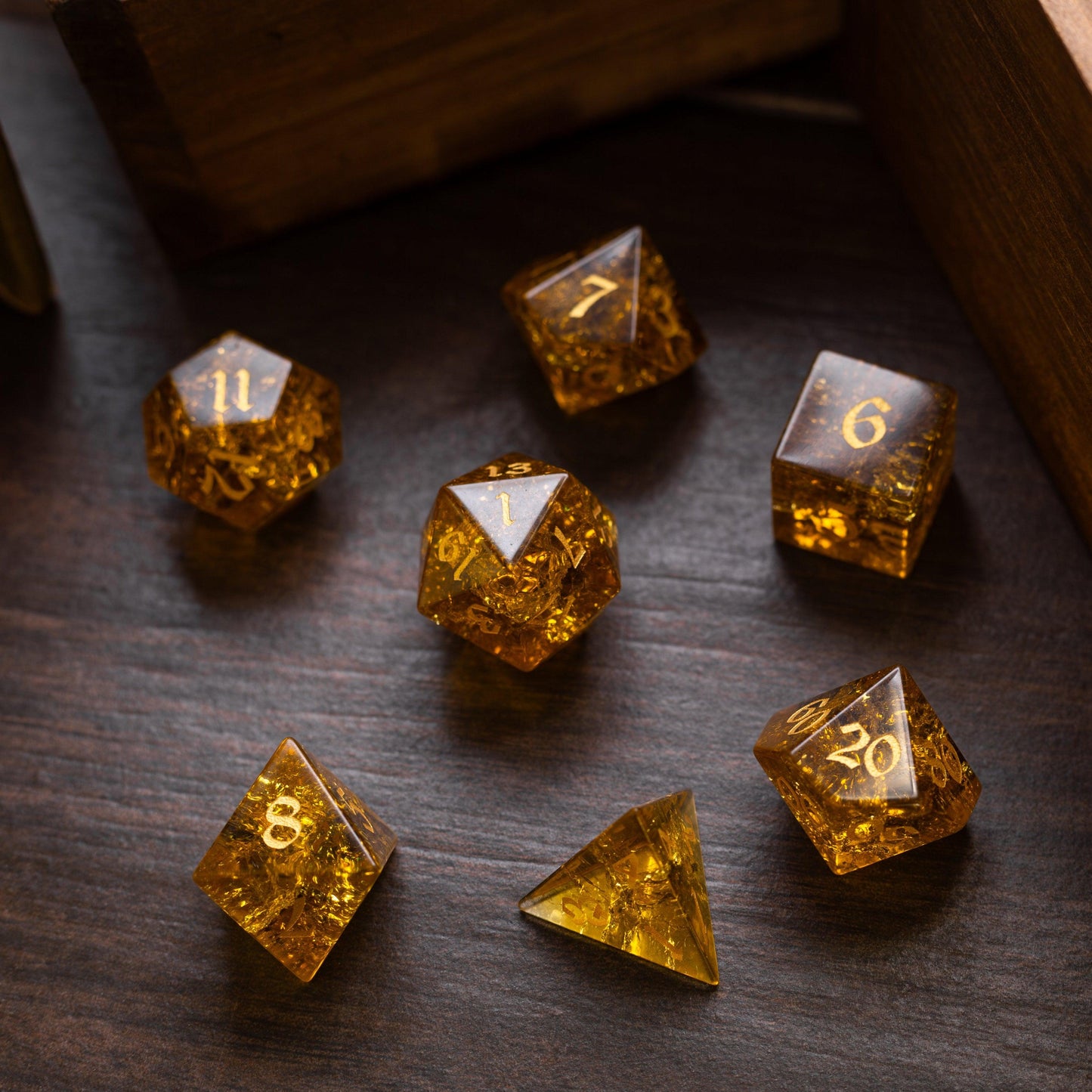 Gold Honey Lightning Cracked Glass DND Dice Set Runic Dice