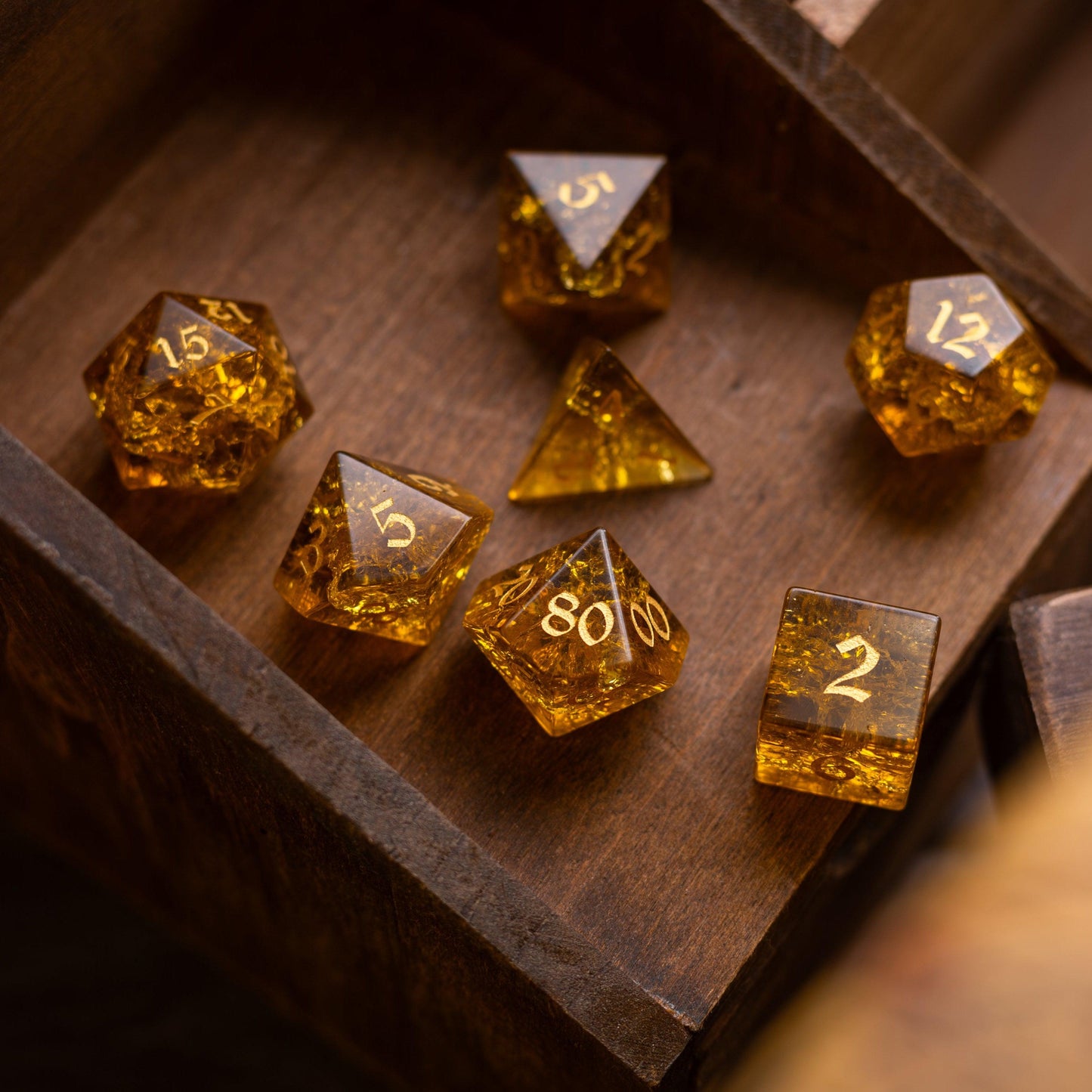 Gold Honey Lightning Cracked Glass DND Dice Set Runic Dice