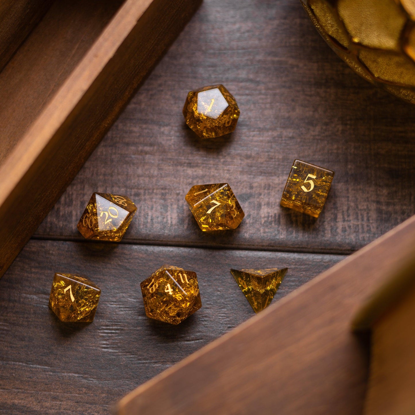 Gold Honey Lightning Cracked Glass DND Dice Set Runic Dice