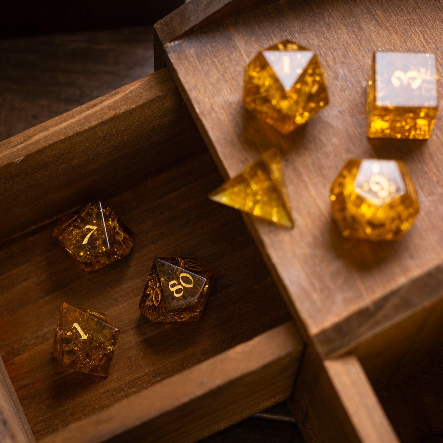 Gold Honey Lightning Cracked Glass DND Dice Set Runic Dice