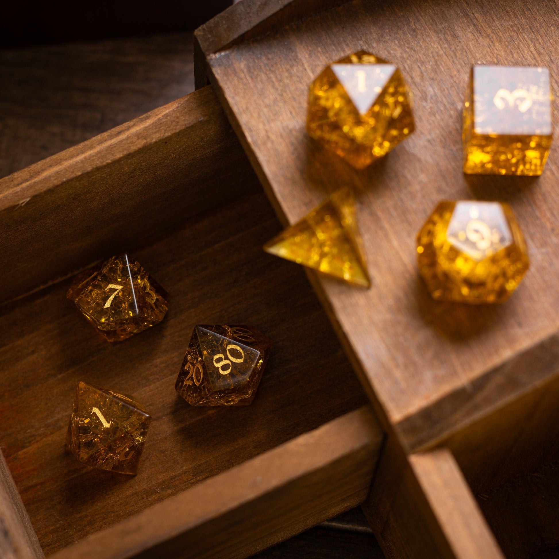 Gold Honey Lightning Cracked Glass DND Dice Set Runic Dice