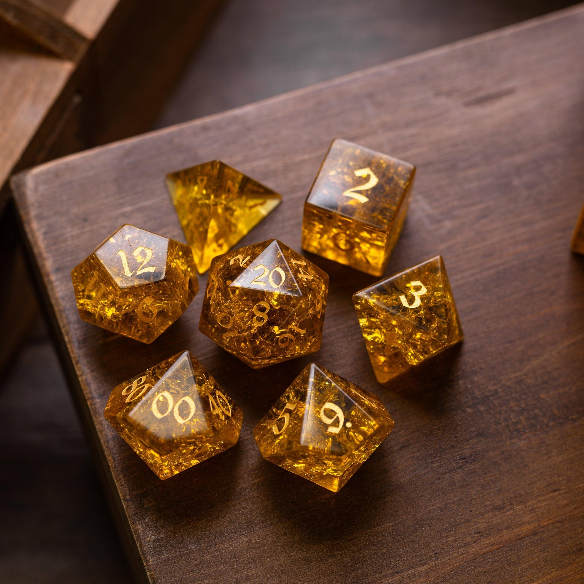 Gold Honey Lightning Cracked Glass DND Dice Set Runic Dice