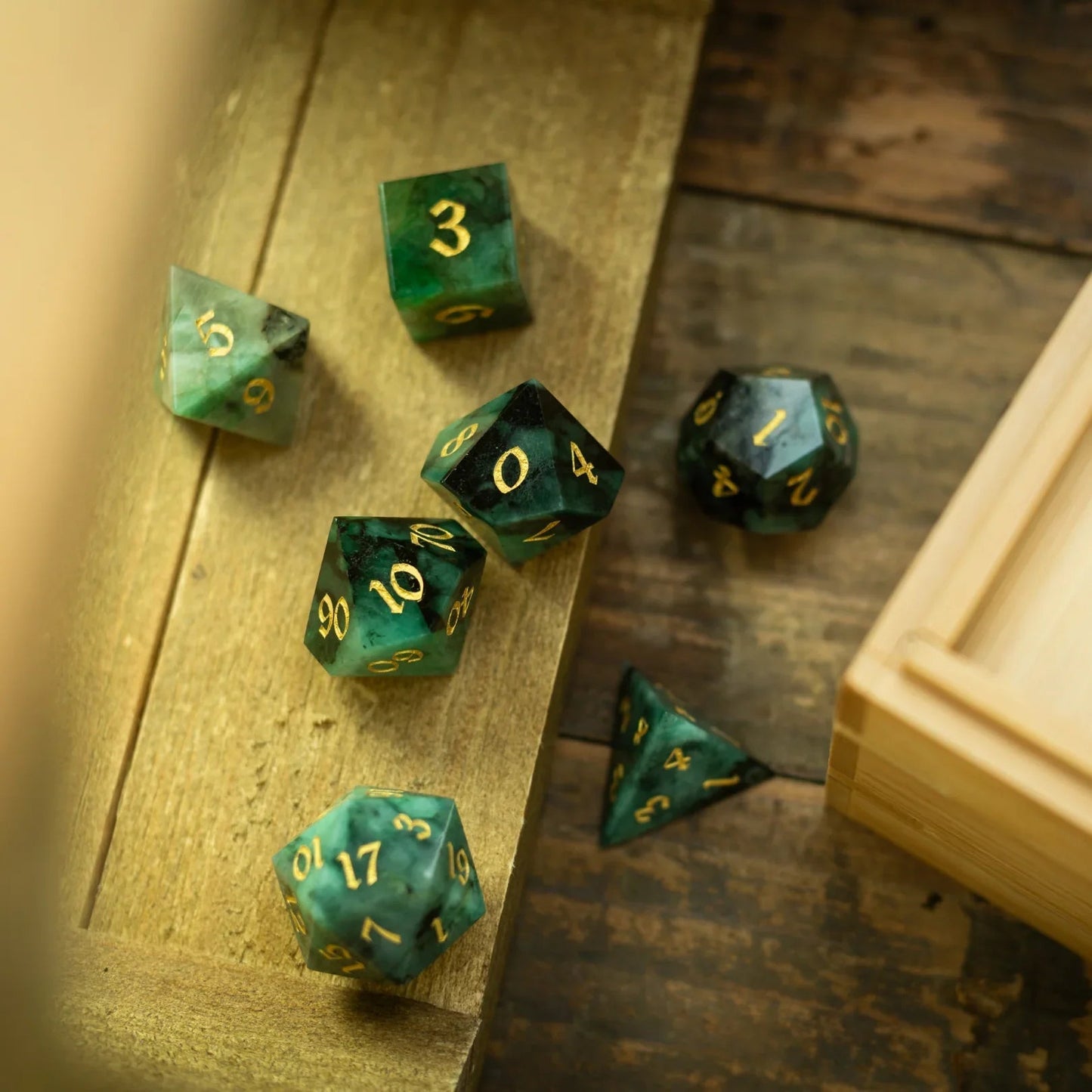 Green Emerald Gemstone DND Dice Set Runic Dice