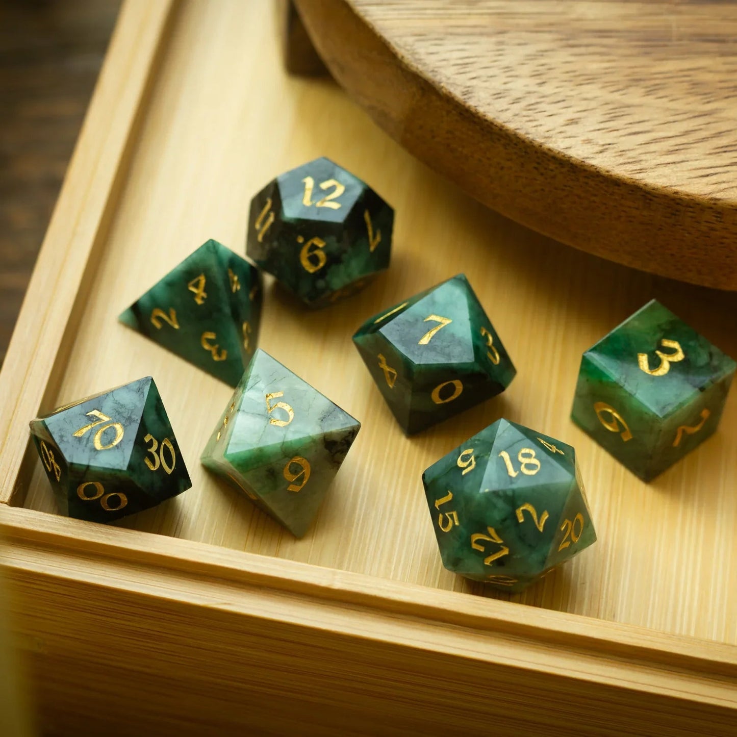 Green Emerald Gemstone DND Dice Set Runic Dice