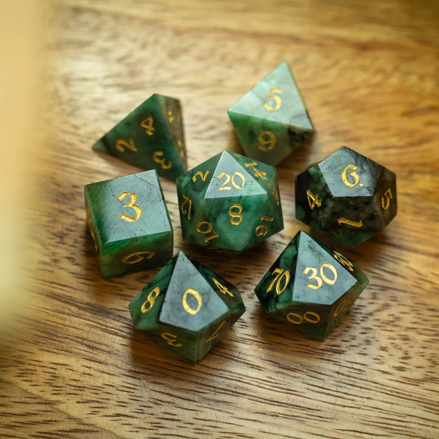 Green Emerald Gemstone DND Dice Set Runic Dice
