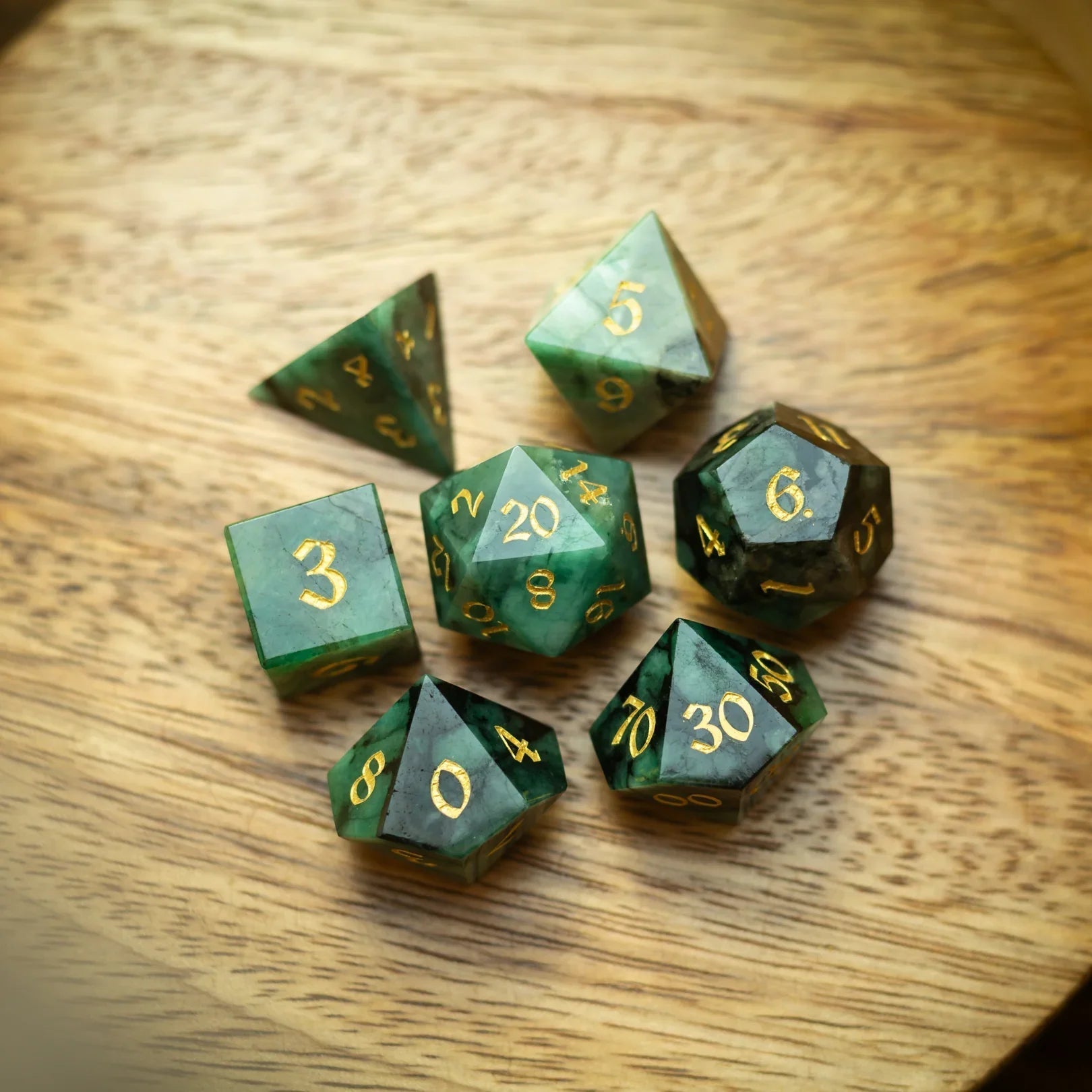 Green Emerald Gemstone DND Dice Set Runic Dice