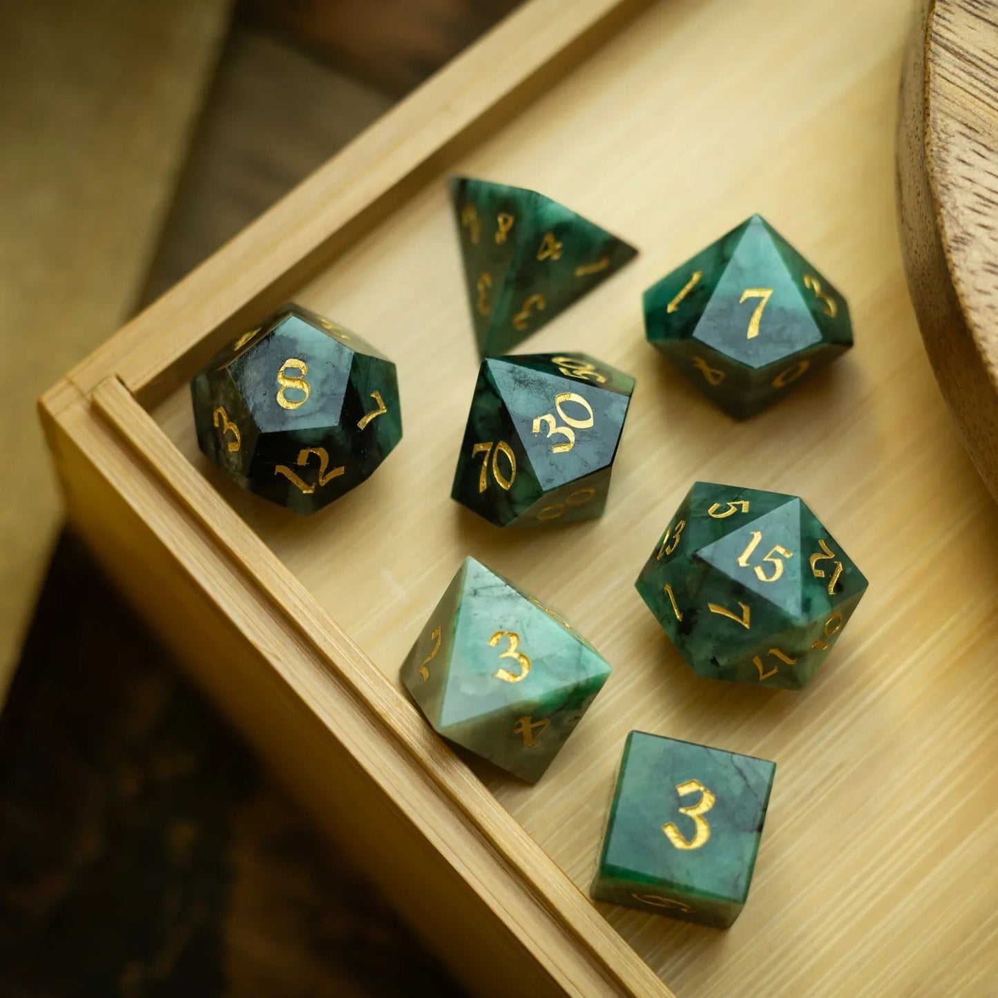 Green Emerald Gemstone DND Dice Set Runic Dice