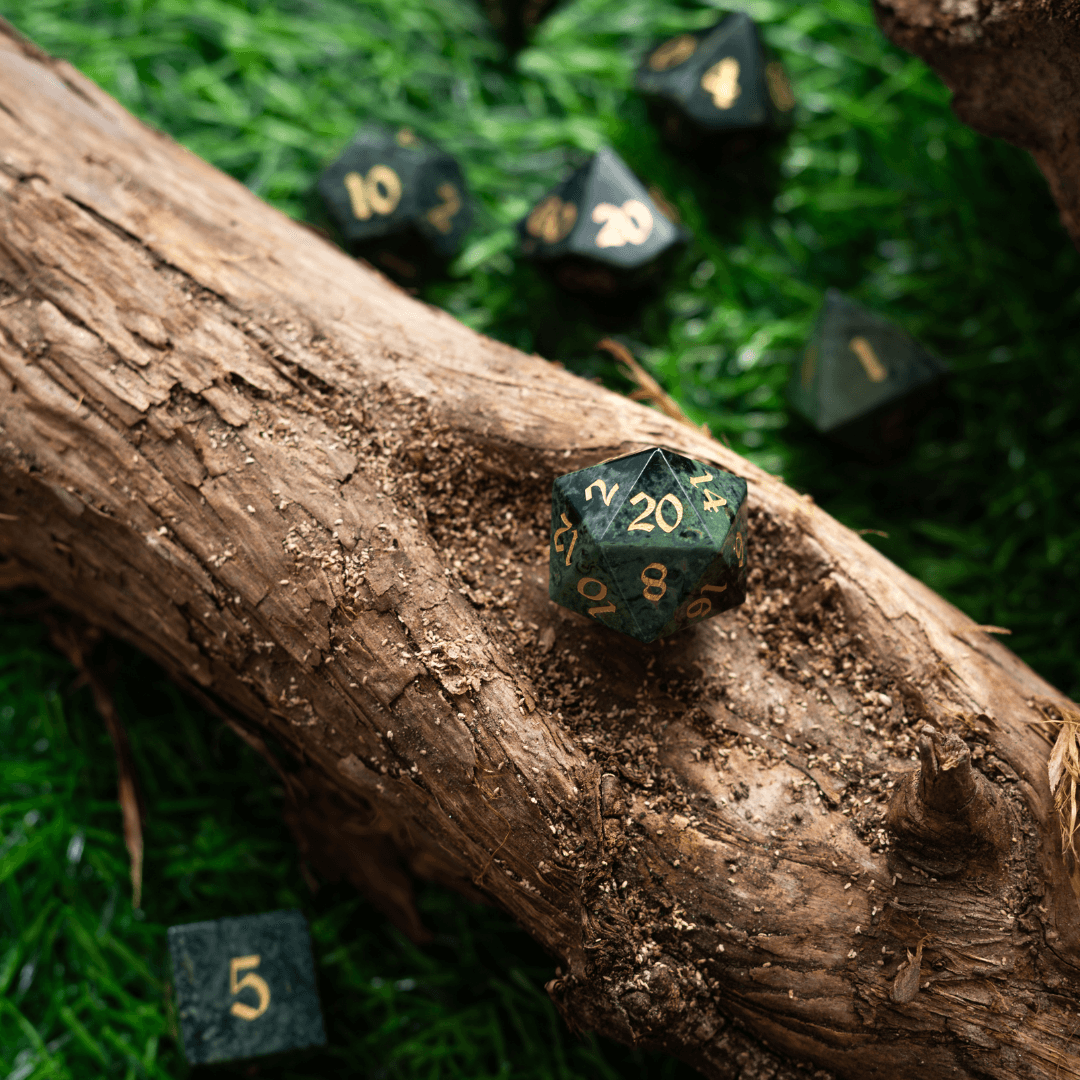 Green Eyed Hand Carved Gemstone DND Dice Set Runic Dice