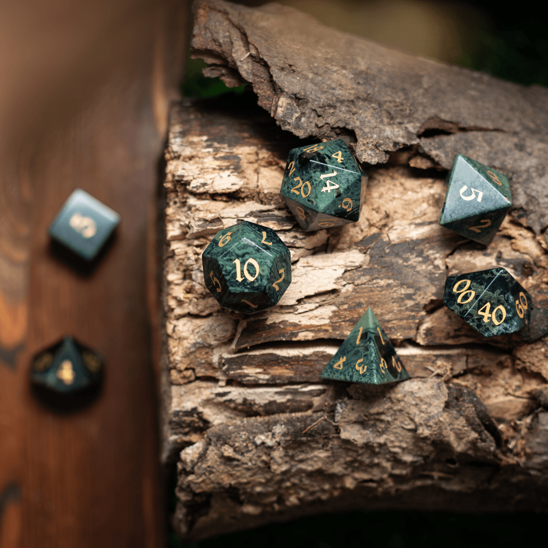 Green Eyed Hand Carved Gemstone DND Dice Set Runic Dice
