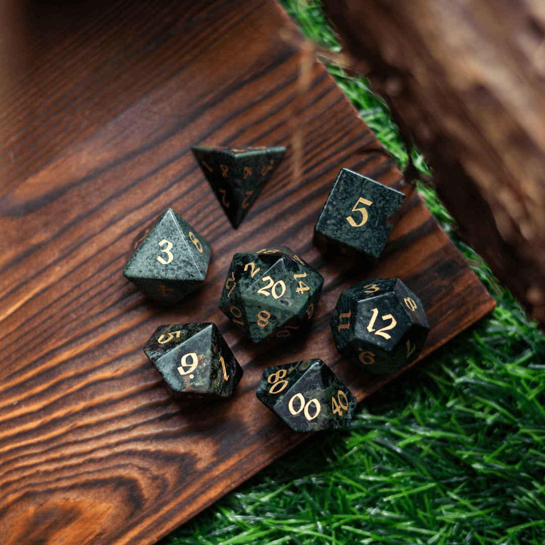 Green Eyed Hand Carved Gemstone DND Dice Set Runic Dice
