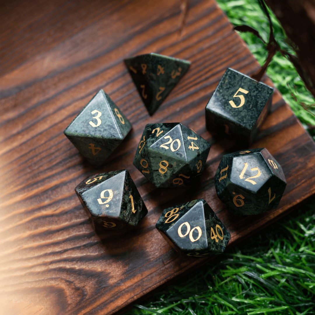 Green Eyed Hand Carved Gemstone DND Dice Set Runic Dice