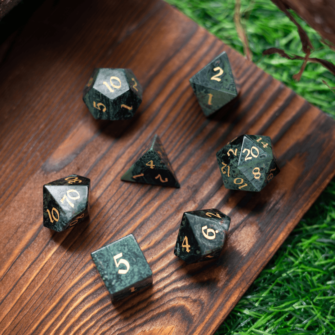 Green Eyed Hand Carved Gemstone DND Dice Set Runic Dice