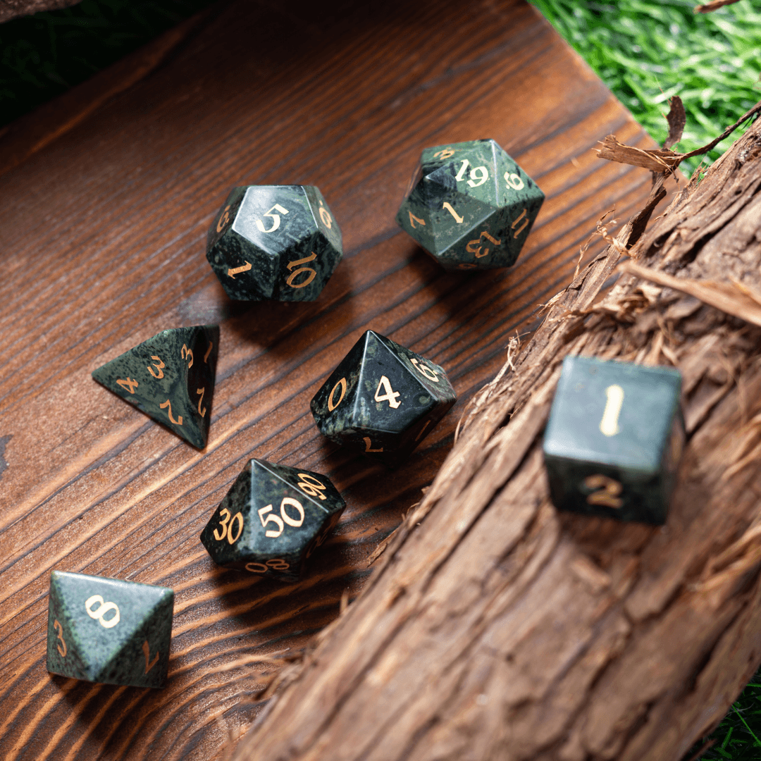Green Eyed Hand Carved Gemstone DND Dice Set Runic Dice
