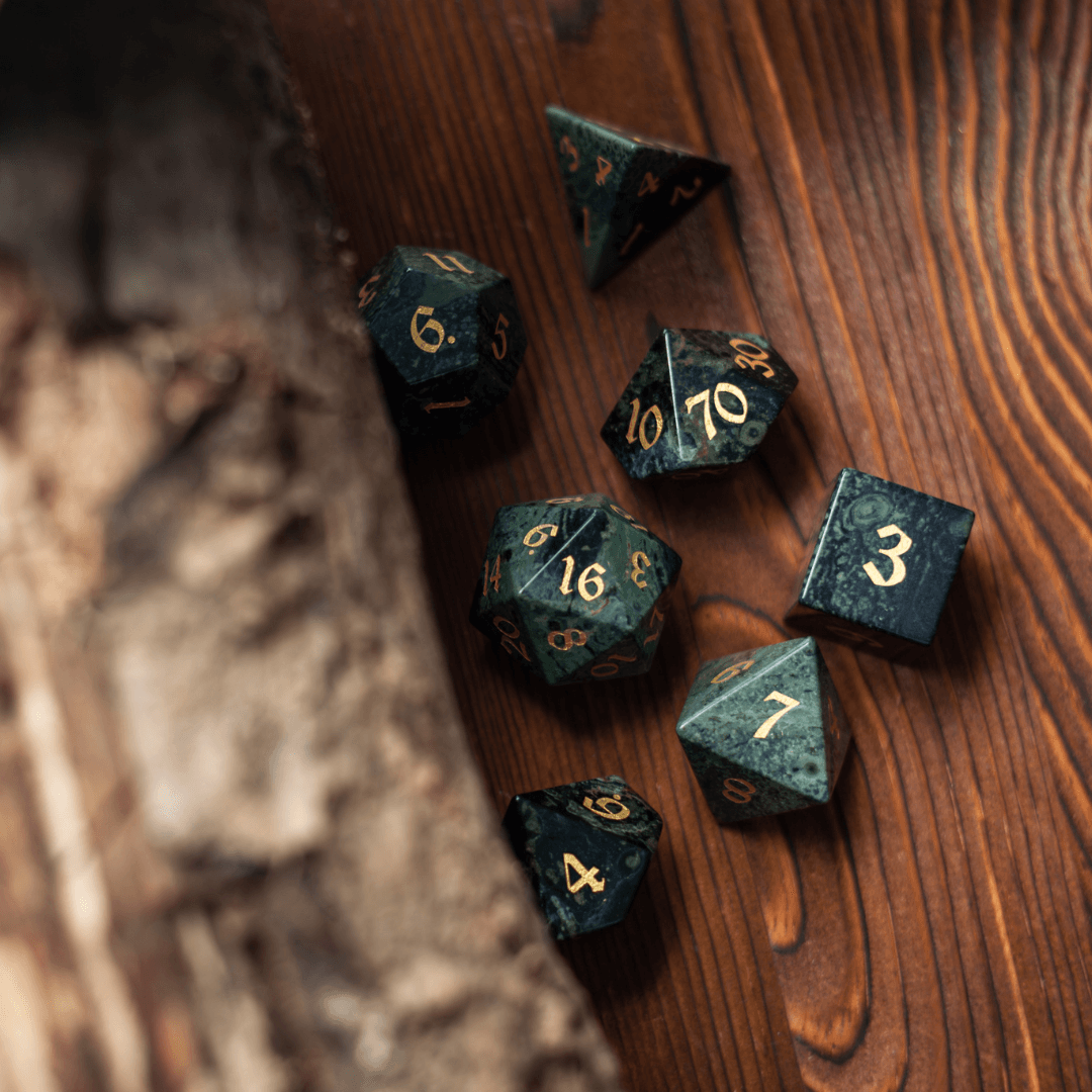 Green Eyed Hand Carved Gemstone DND Dice Set Runic Dice