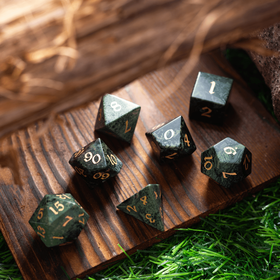 Green Eyed Hand Carved Gemstone DND Dice Set Runic Dice