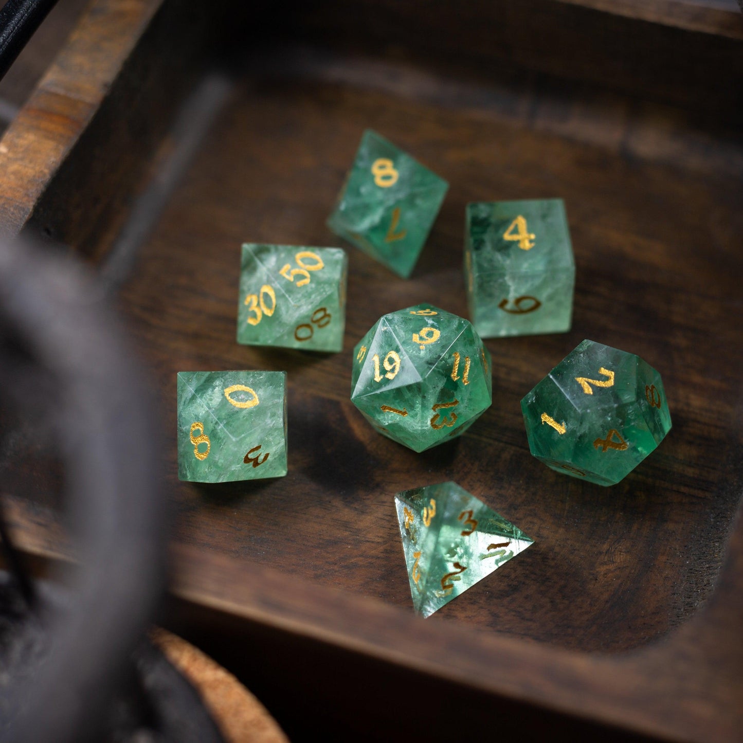Green Fluorite Gemstone (Chlorophane) Hand Carved DND Dice Set Runic Dice